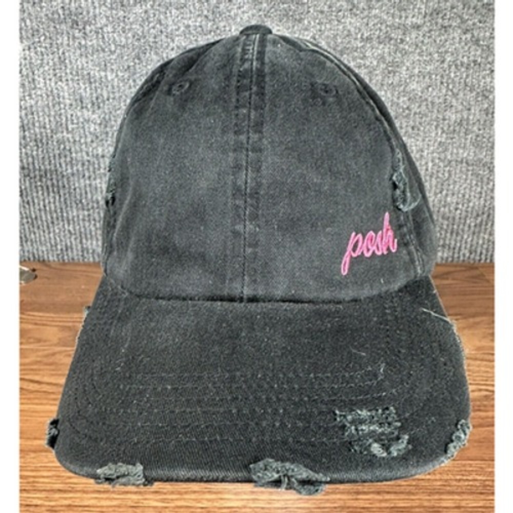 District Distressed Baseball Cap Hat Black POSH Log on Brim Embroidered